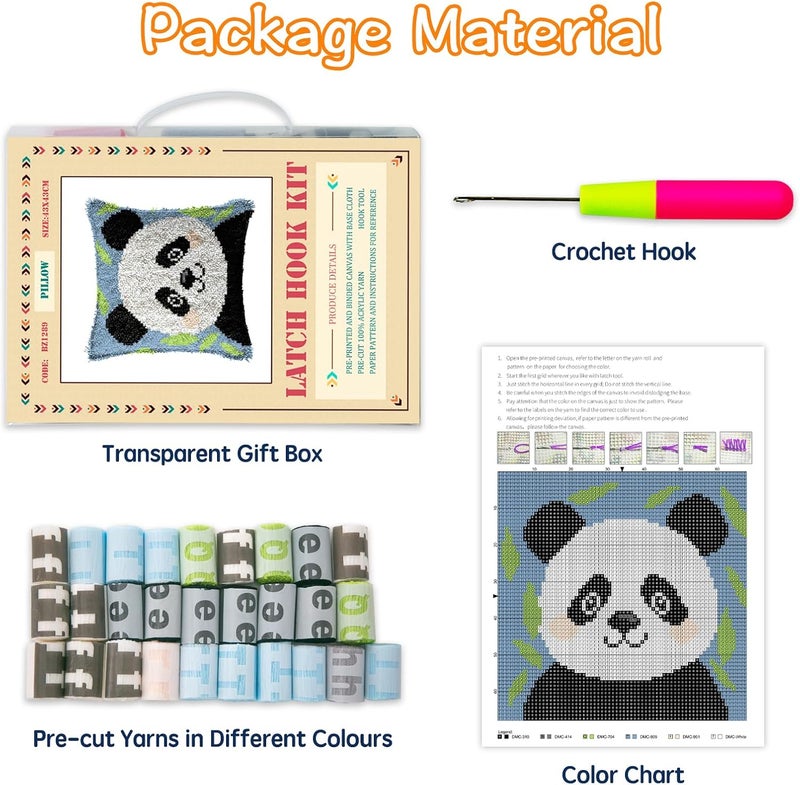 GemJelry Latch Hook Kits for Adults Kids DIY Panda Pillow Cover Beginner Cross Stitch Kits with Preprinted Canvas Crochet Yarn Kits Creative Hand Craft Home Decoration 17'' X 17'' - Image 3